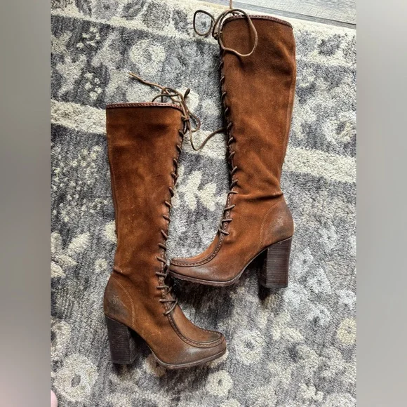 Frye Women’s Parker Brown Lace-Up Knee-High Moc Boots - Picture 1 of 16